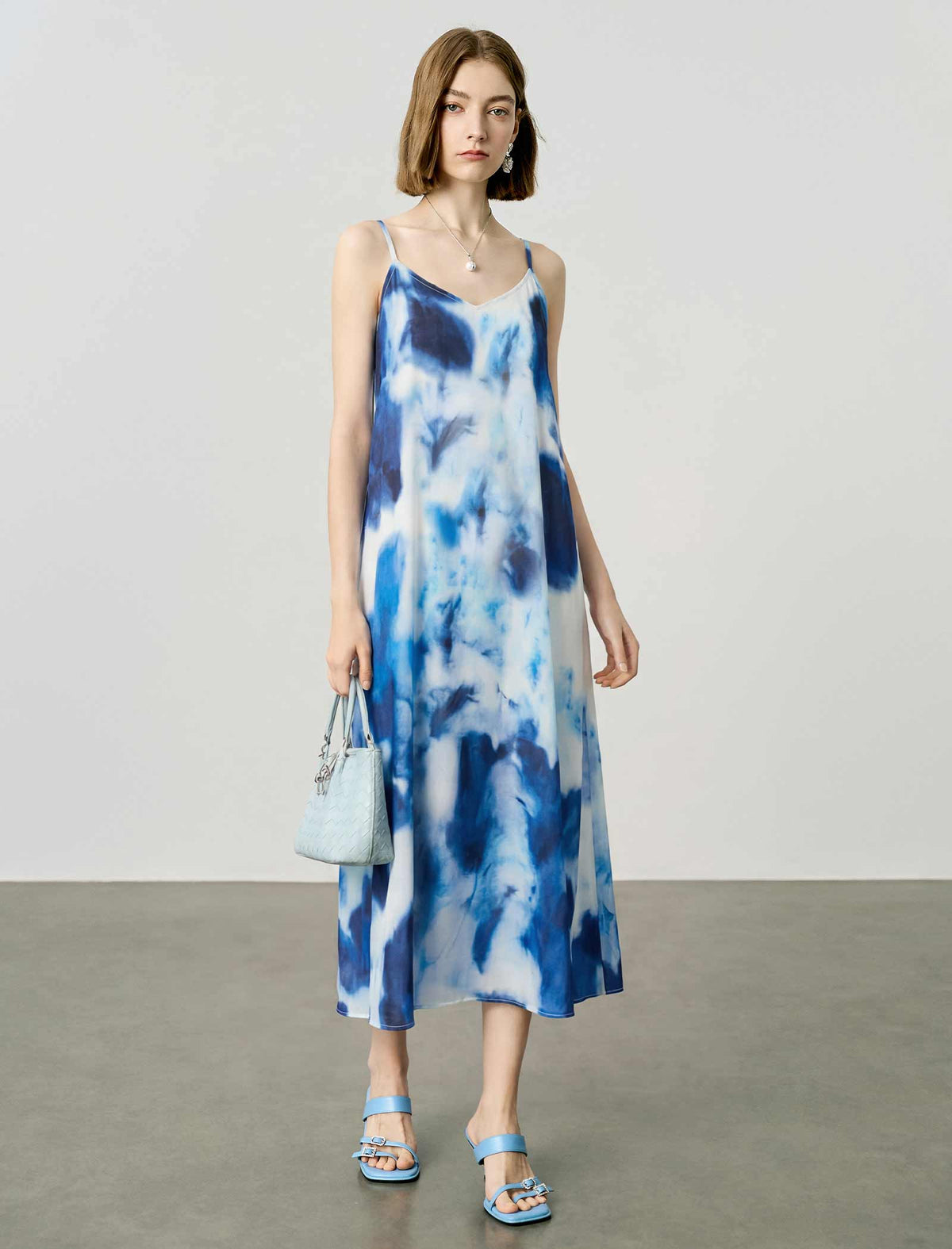 Tie-Dye Watercolor Print V-Neck Mulberry Silk Midi Slip Dress