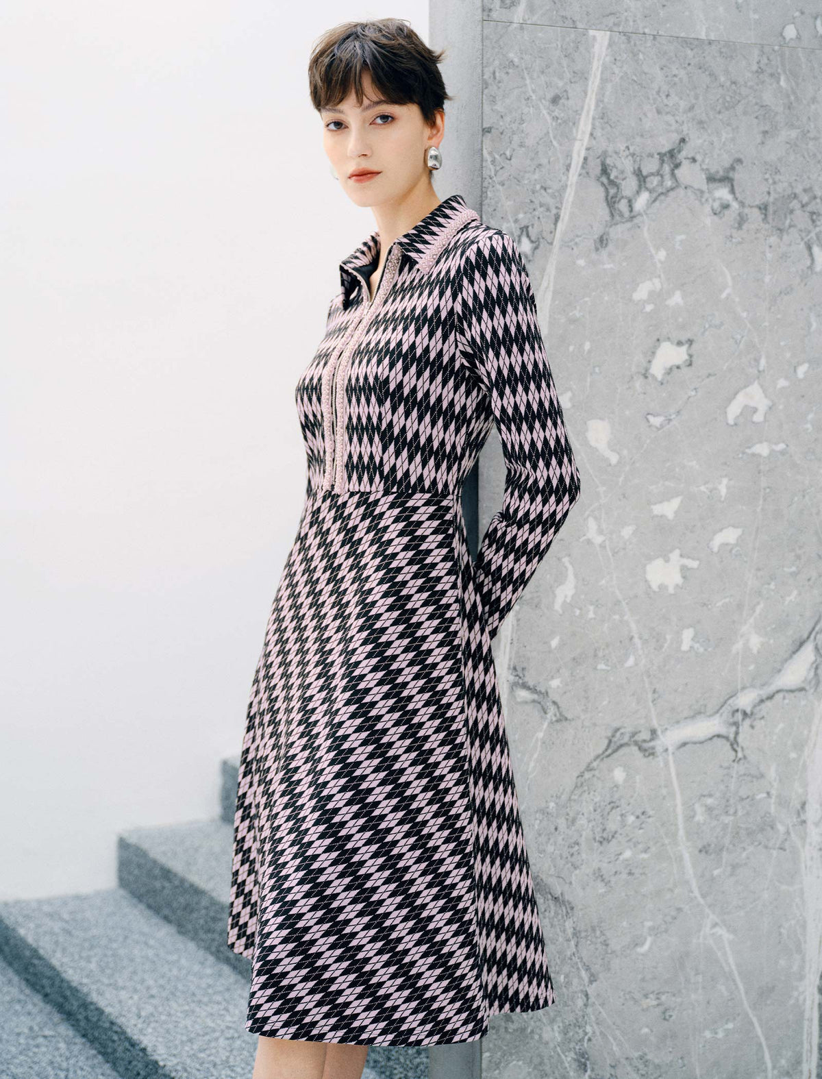 Geometric Plaid Zip Collar Long Sleeve A-Line Dress