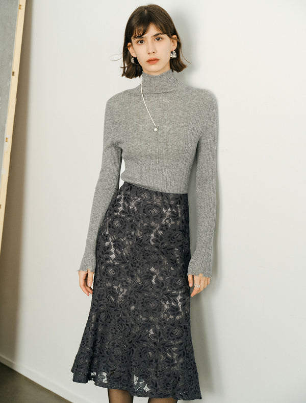 Floral Lace Flared Hem Midi Skirt