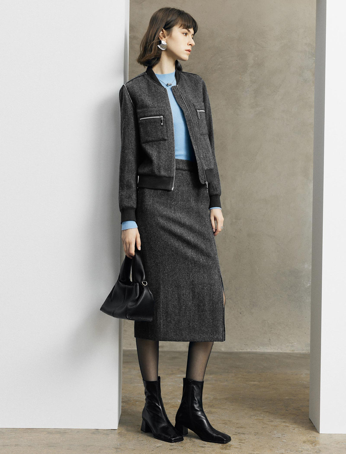 Herringbone Wool Side Slit Midi Skirt