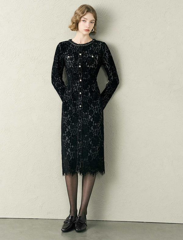 Black Lace Button Detail Midi Dress