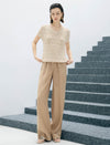 Beige Wave Open Knit V-Neck Short Sleeve Top