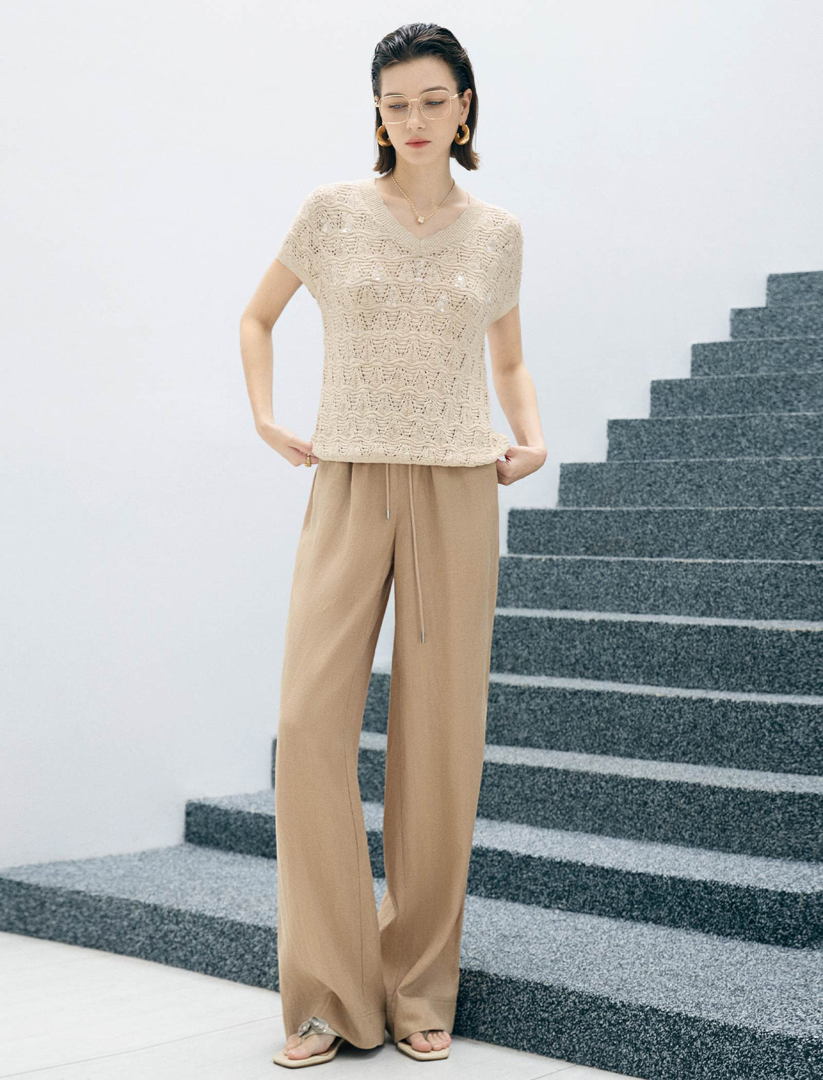 Beige Wave Open Knit V-Neck Short Sleeve Top