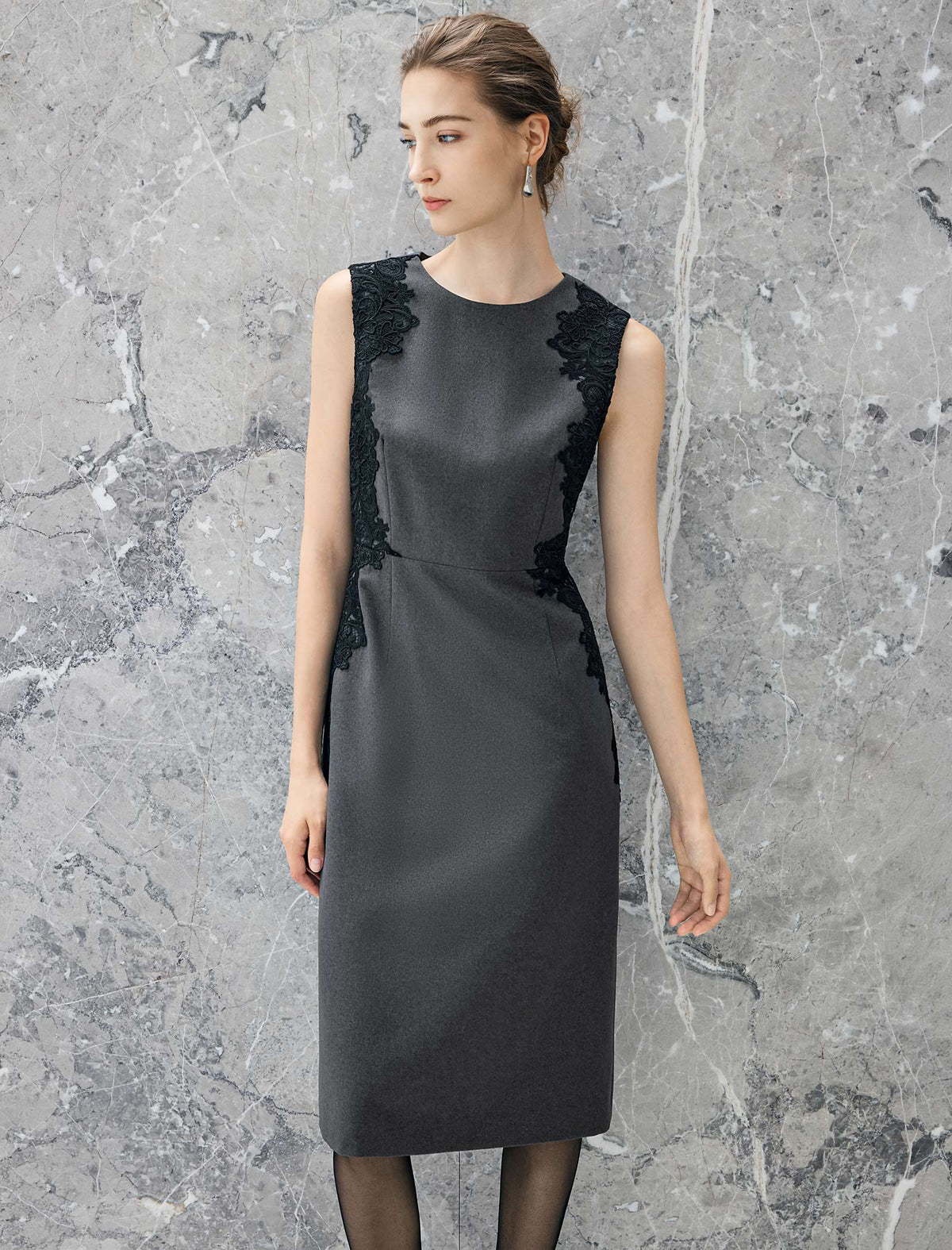 Wool Blend Lace Crewneck Sleeveless Dress