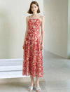 Rust Red Tie-Dye Floral Print Square Neck Midi Cami Dress
