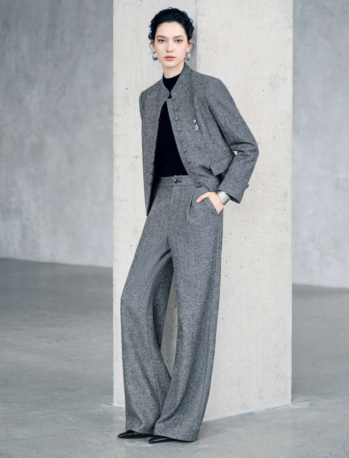 Wool Blend Mandarin Collar Cropped Jacket