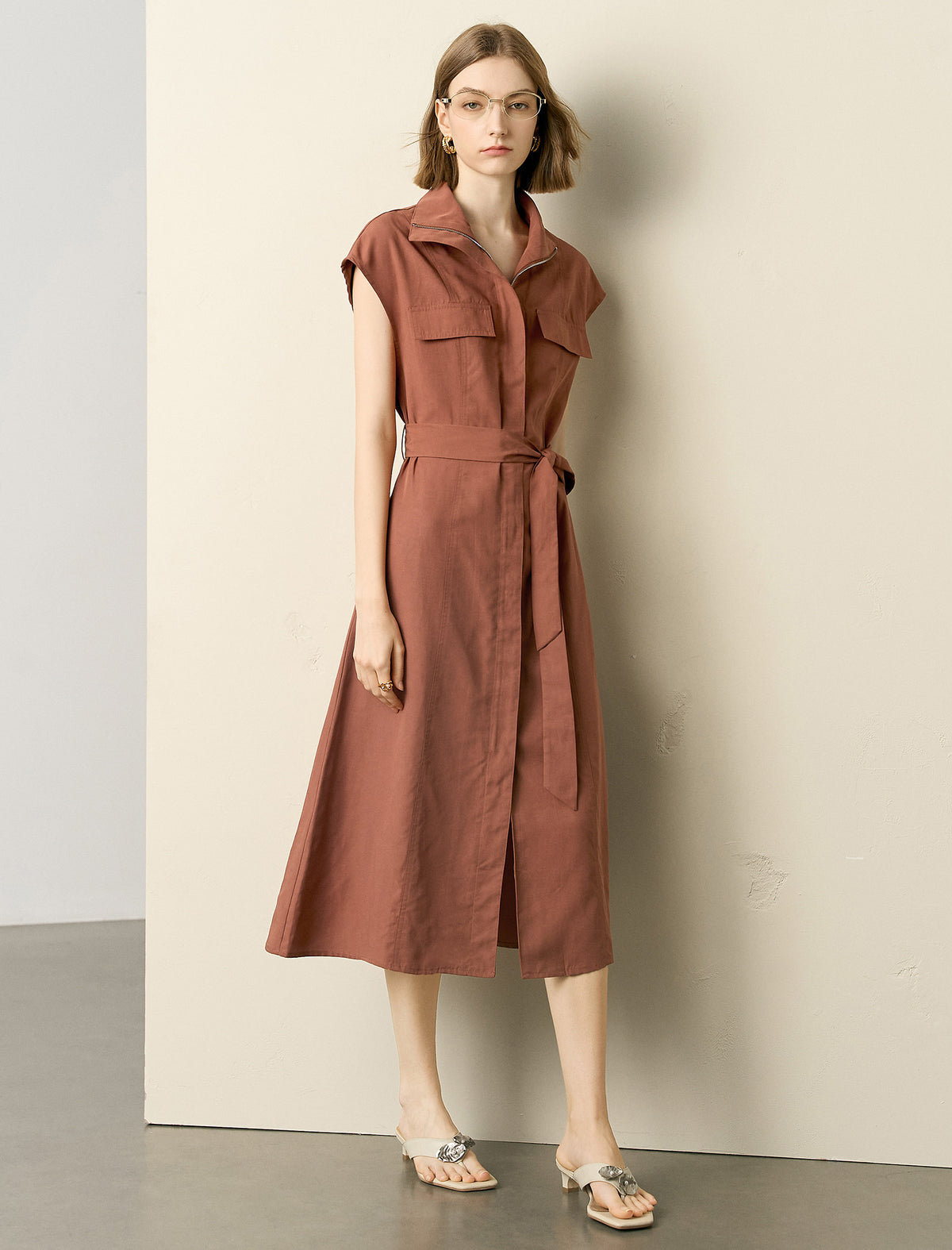 Zip-Up Collared Cap-Sleeve Belted Shirt Dress