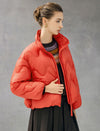 Wave-Quilted Stand-Collar Balloon-Sleeve Cropped Puffer Jacket