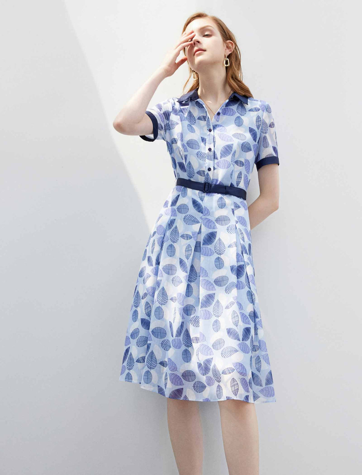 Leaf Print Contrast Trim Shirt Dress