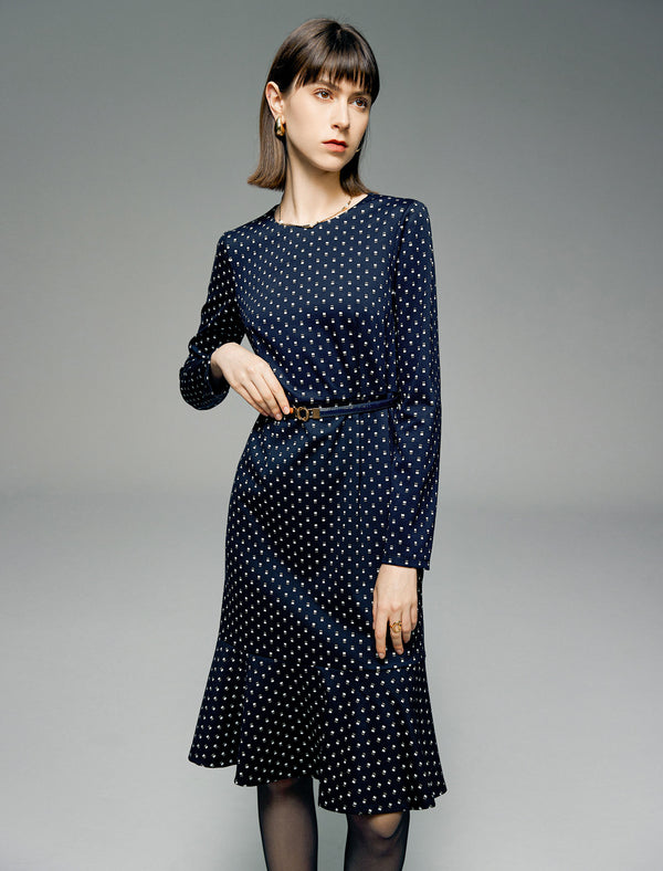 Polka Dot Round Neck Mermaid Long-Sleeve Midi Dress