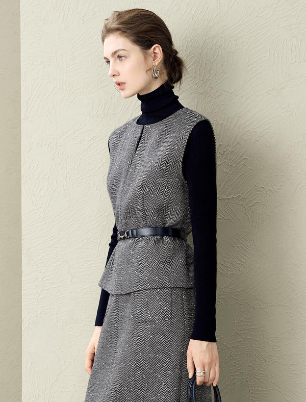 Gray Herringbone Wool-Blend Tweed Vest