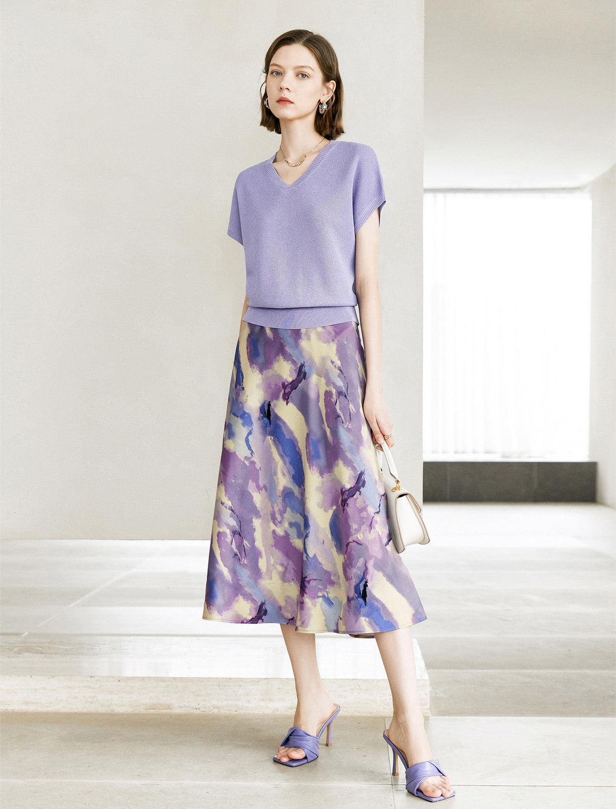 Watercolor Print Satin Midi Skirt