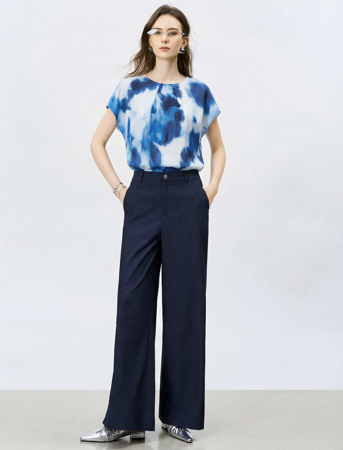 Mulberry Silk Watercolor Print Short-Sleeve Blouse