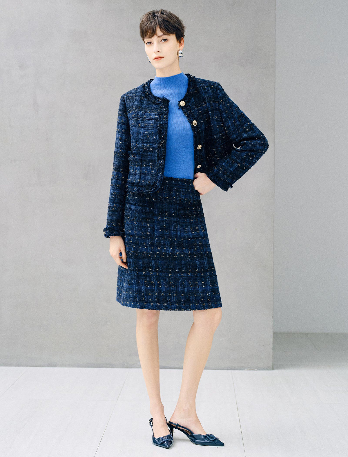 Wool Blend Metallic Plaid High-Waist Straight Knee-Length Skirt