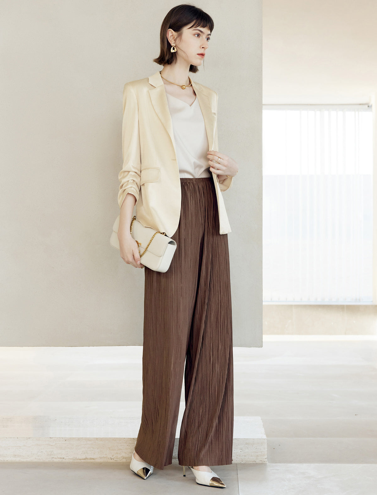 Champagne Textured Ruched Sleeve Blazer