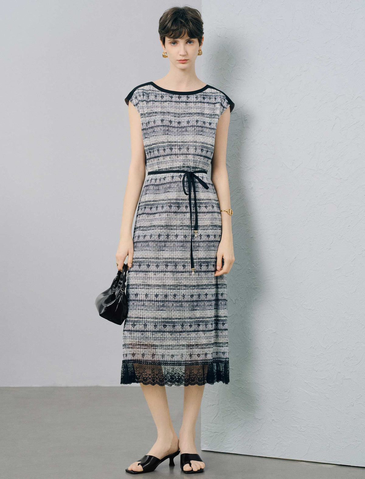 Striped Textured Lace-Hem Midi Dress