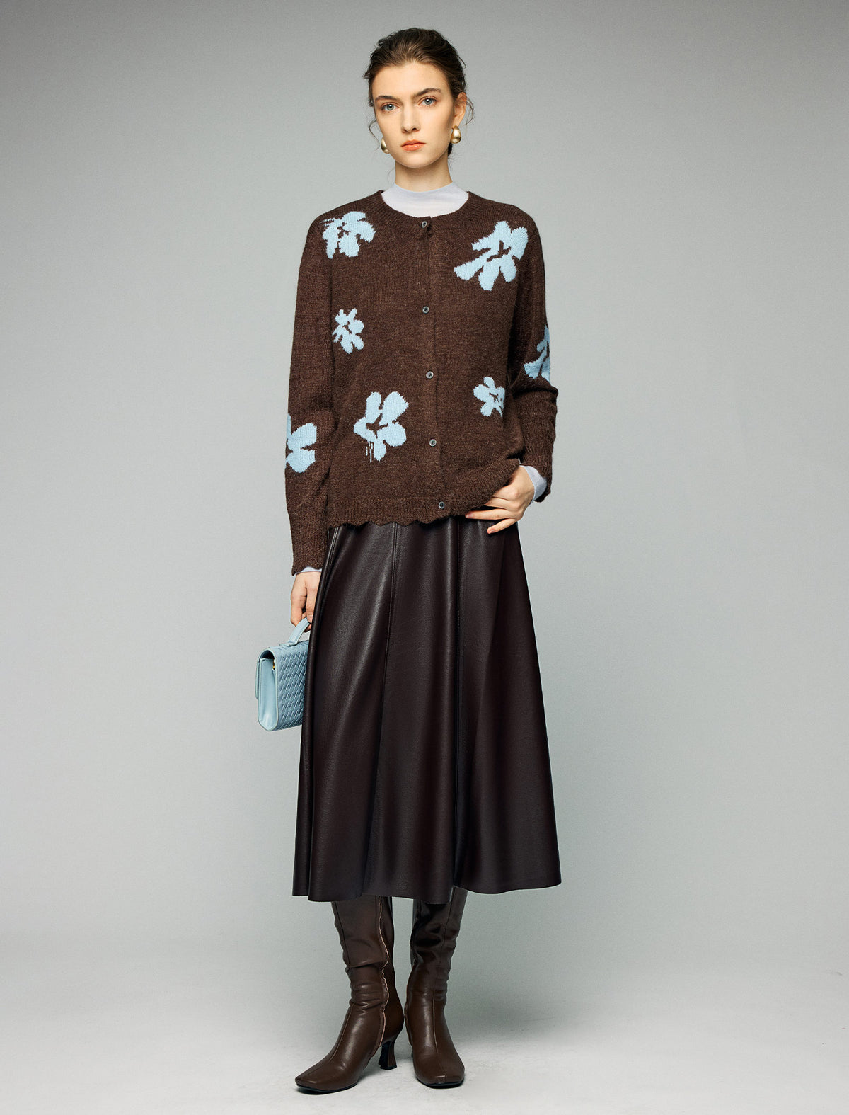 Wool Blend Floral Jacquard Wave-Hem Button-Front Cardigan