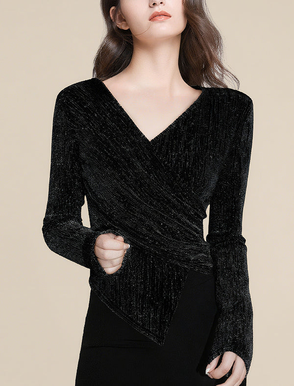 Glittery Wrap-Front Long Sleeve Top