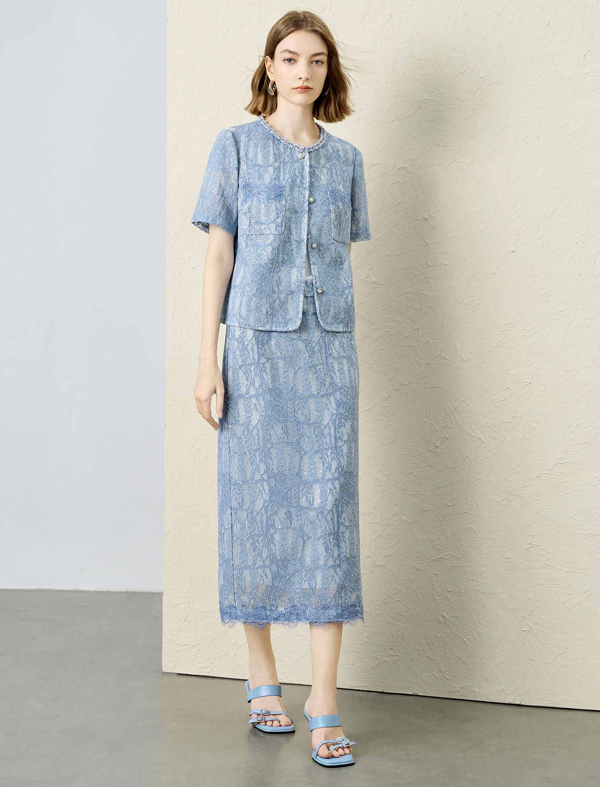 Pearl Trim Short Sleeve Lace Jacket Top