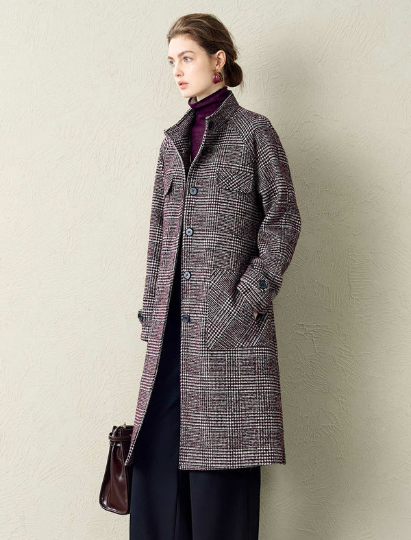 Classic Plaid Wool-Blend Stand Collar Coat