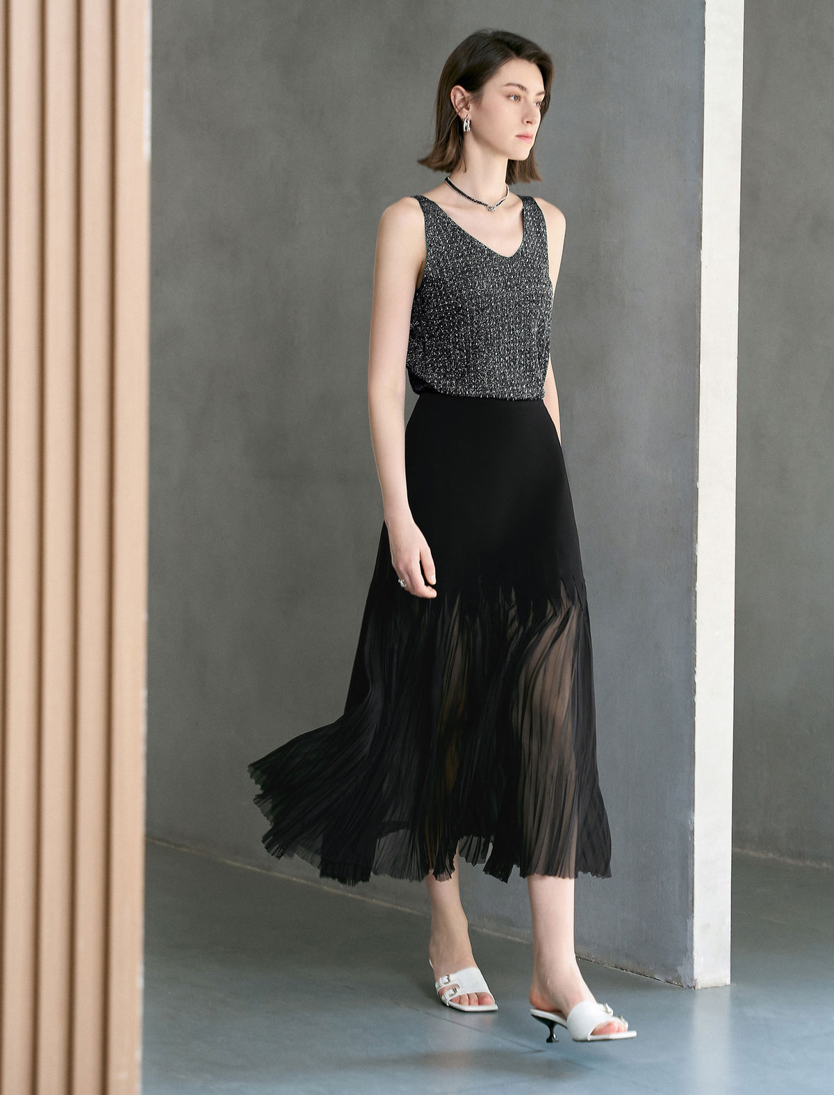 High-Waist Sheer Pleated Midi Skirt