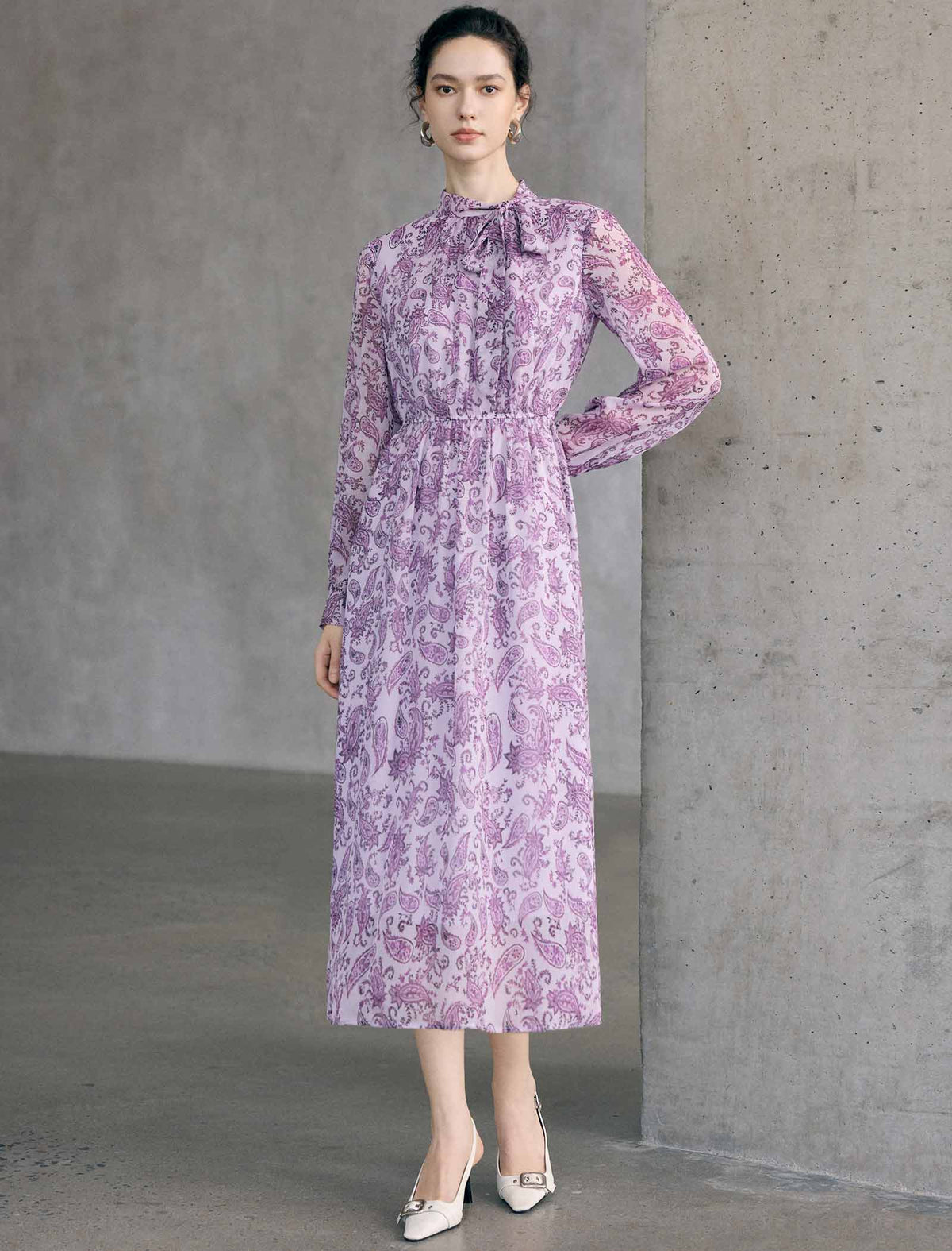 Floral Print Ruffle Neck Long Sleeve Midi Dress
