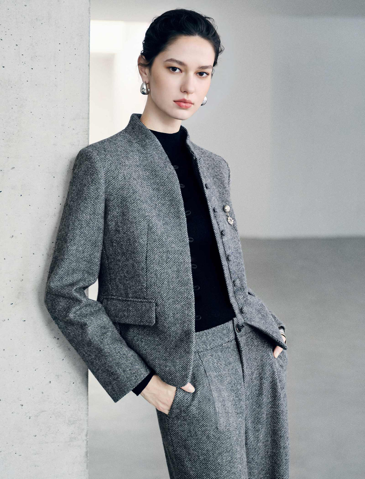 Wool Blend Mandarin Collar Cropped Jacket