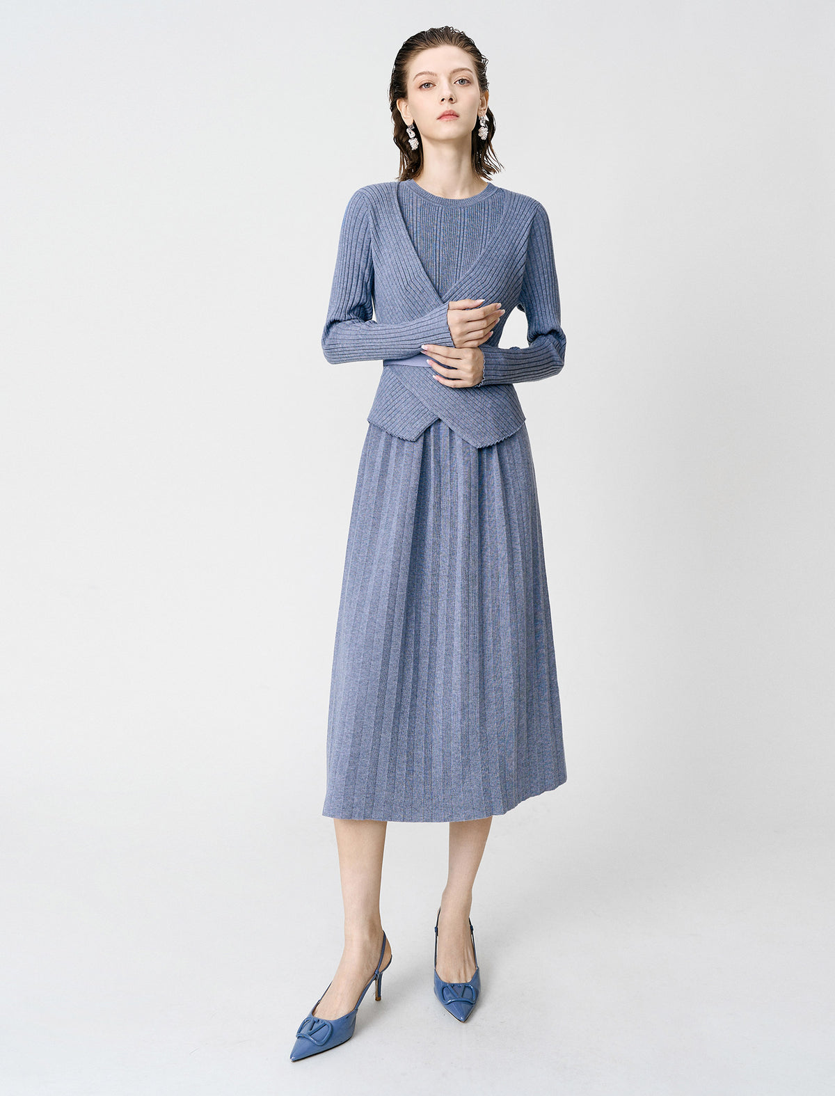 Wool Blend Wrap-Front Pleated Knit Midi Dress
