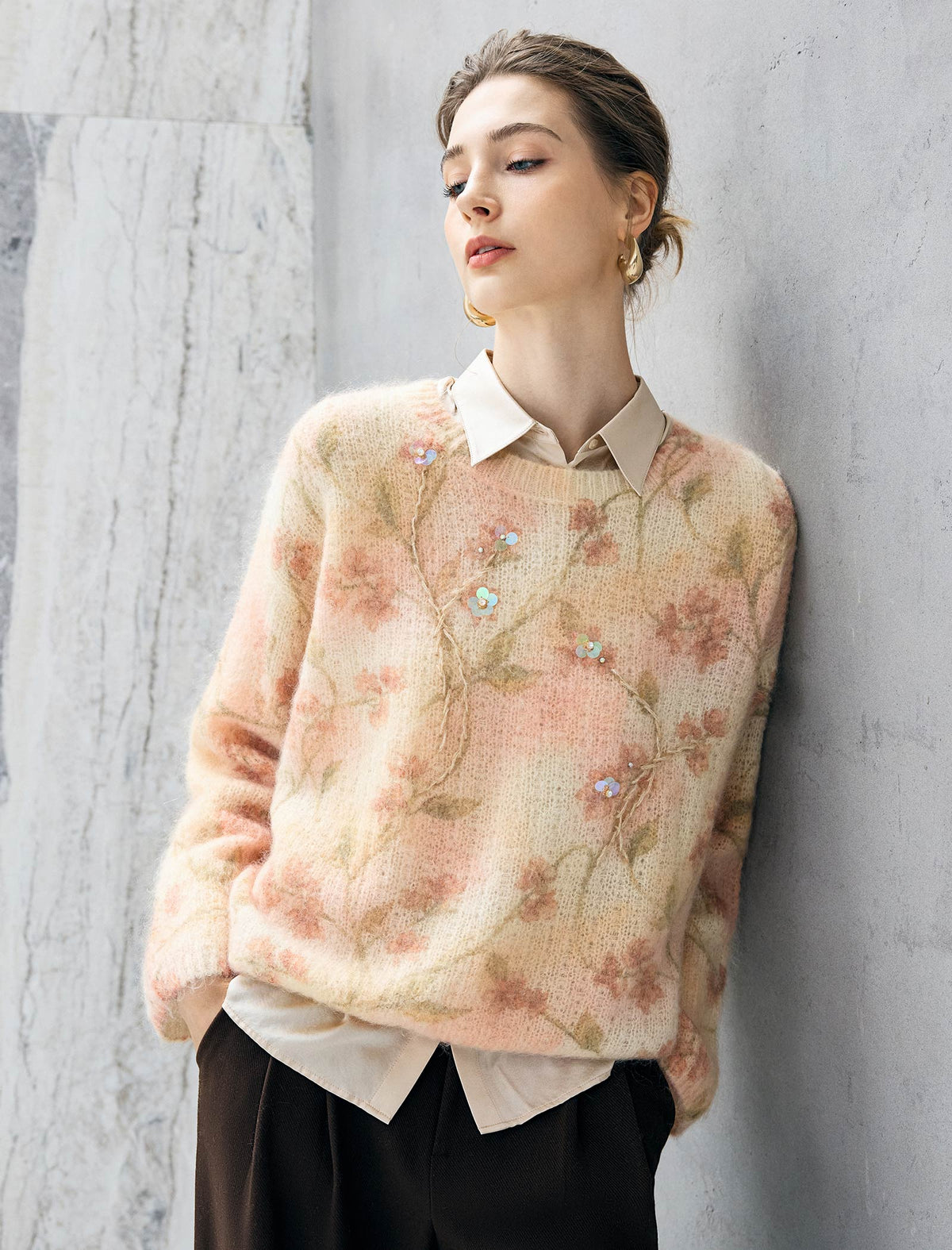 Wool Blend Floral Sequin Crewneck Relaxed Sweater