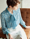 Teal Geometric Tie-Neck Blouse