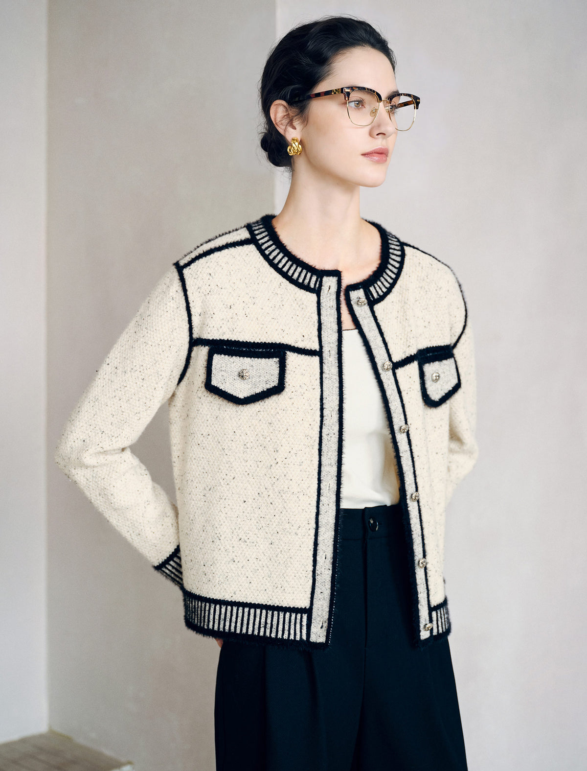 Contrast Trim Cropped Knit Jacket