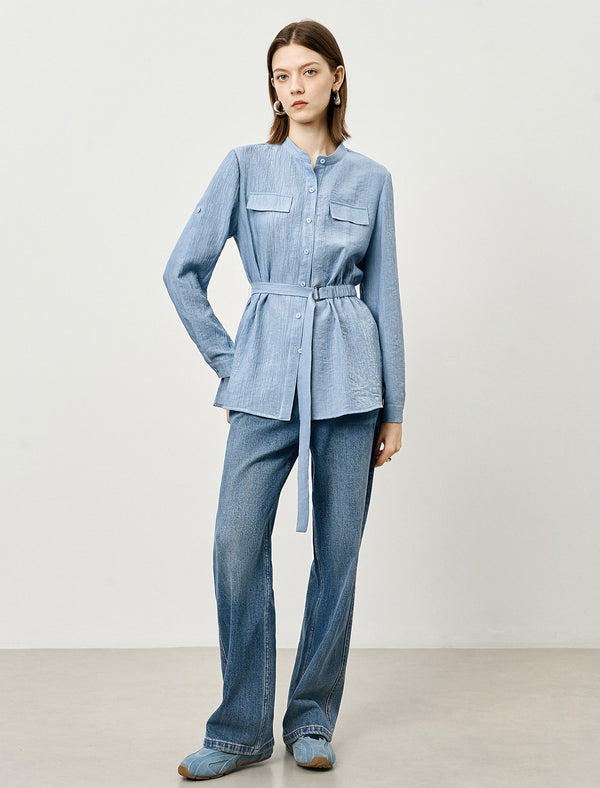 Tencel Blend Textured Belted Shirt