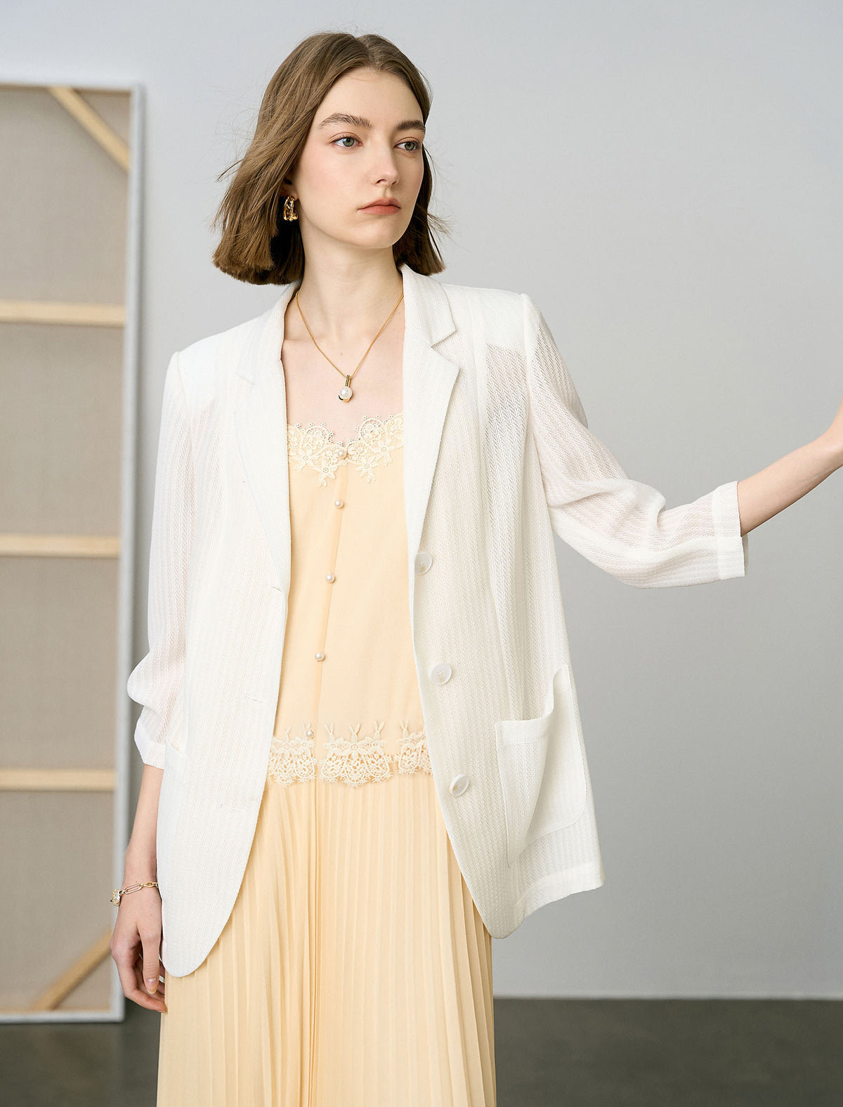 Three-Quarter Sleeve Textured Lapel Blazer