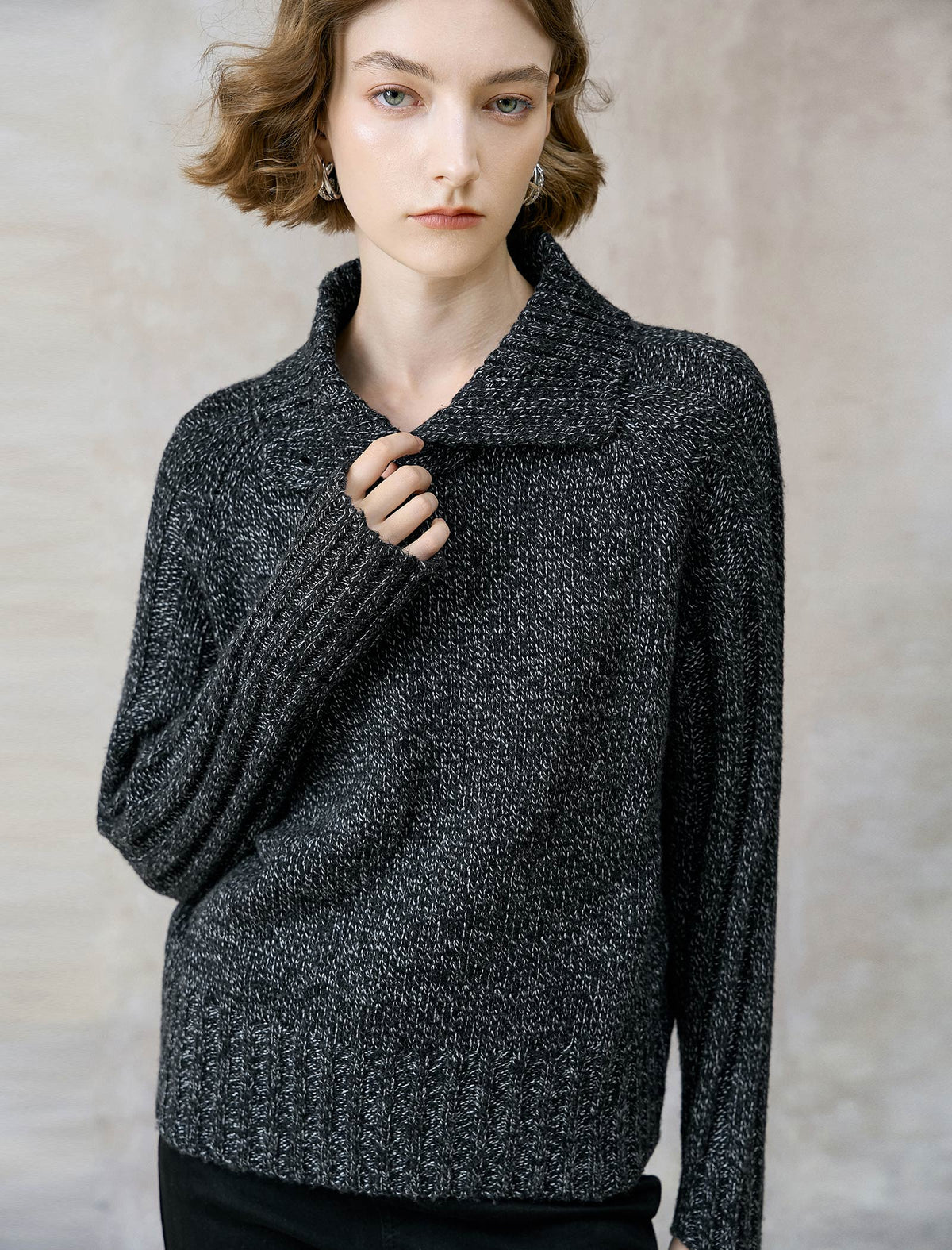 Charcoal Wool-Blend Shawl Collar Sweater