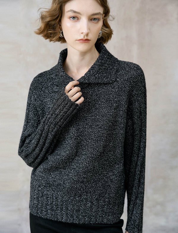 Charcoal Wool-Blend Shawl Collar Sweater