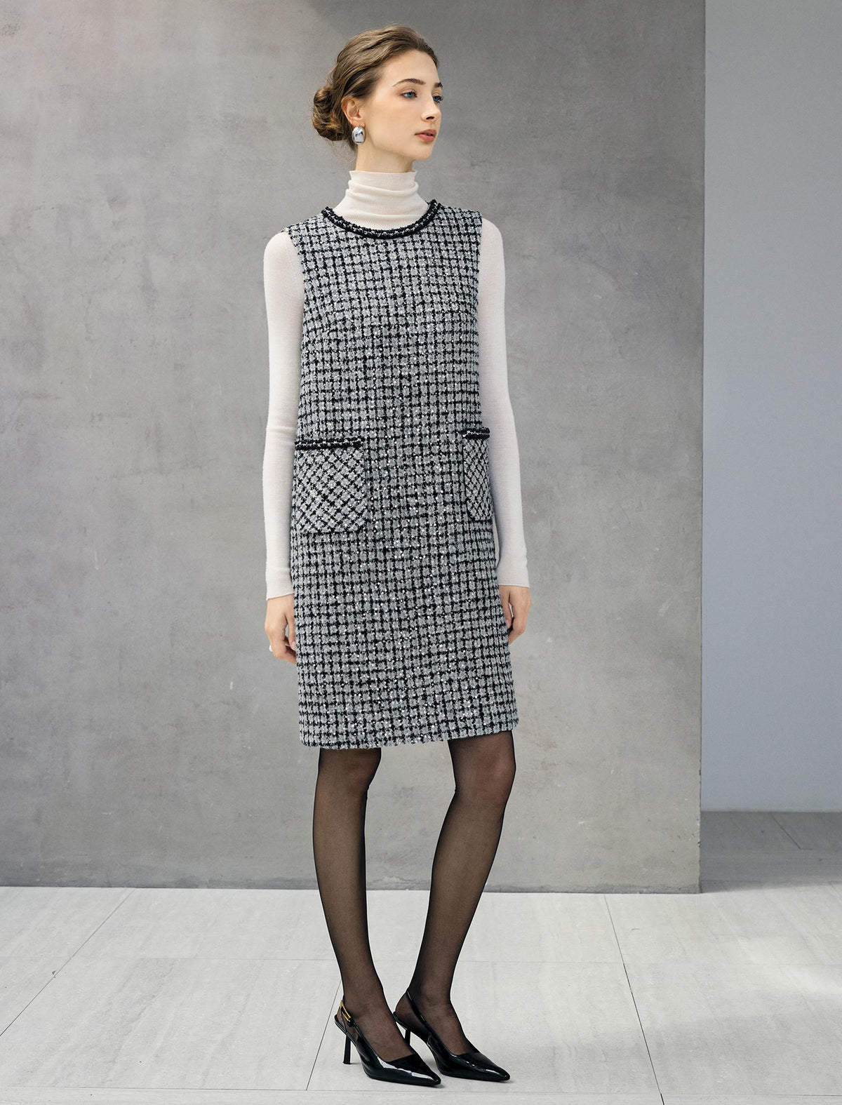 Wool Blend Braided-Trim Crewneck Pocket Sleeveless Dress
