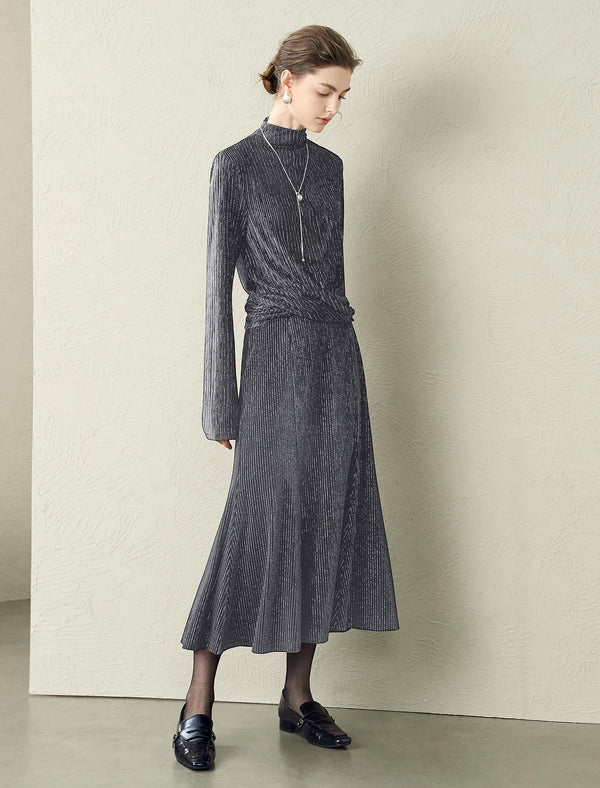 Shimmery Striped Mock Neck Long-Sleeve Top