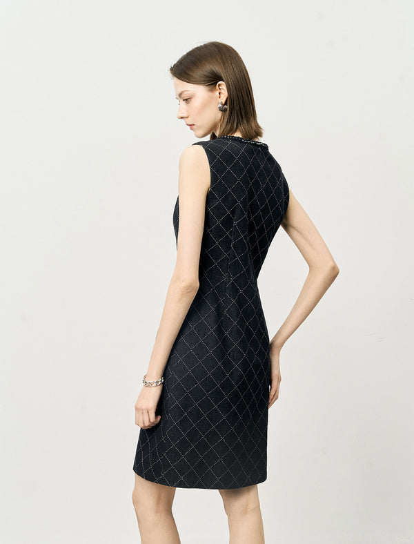 Black Diamond-Print Sheath Trimmed Neckline Dress