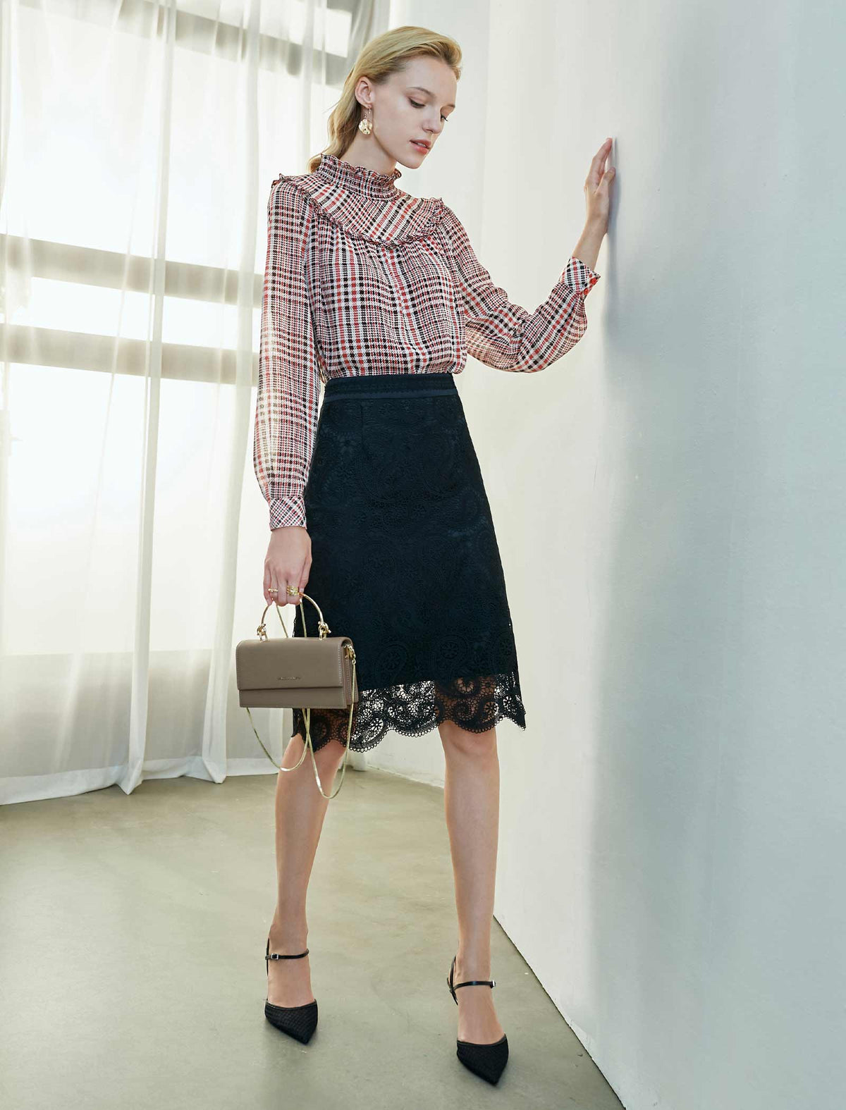 Plaid Ruffled Mock-Neck Blouse