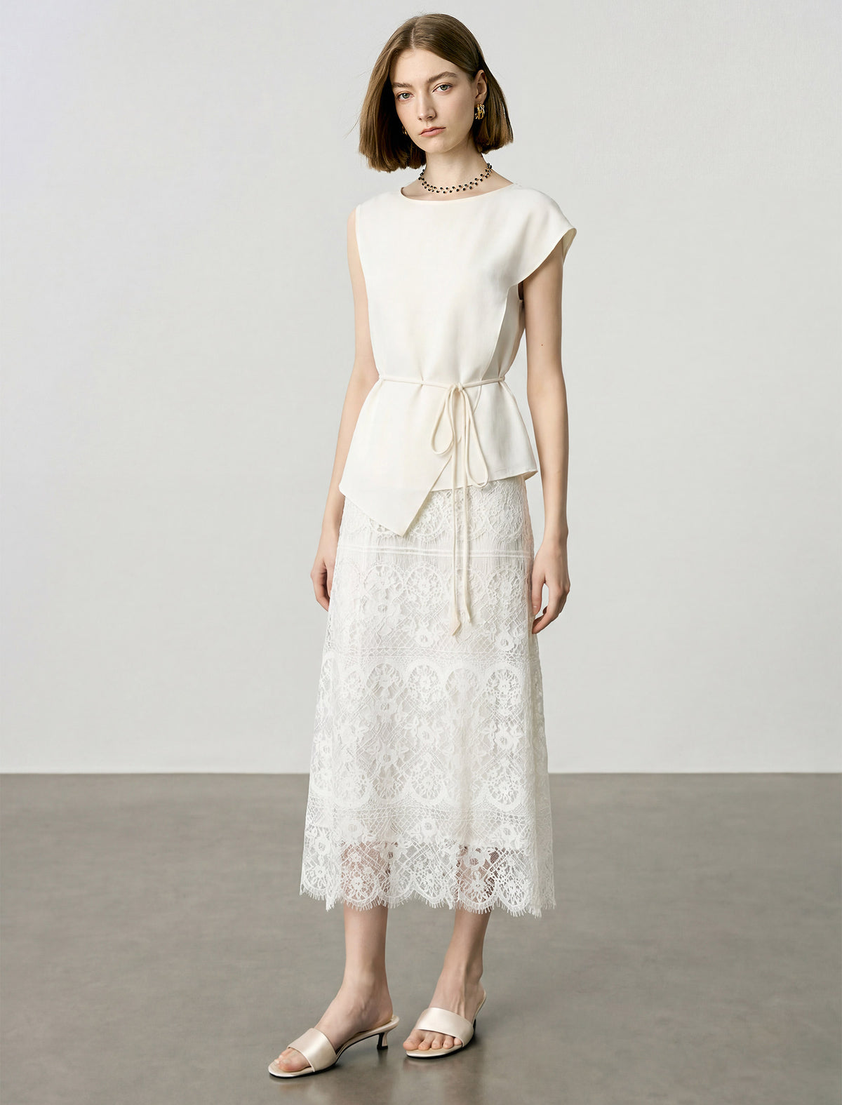 Solid Cap Sleeve Belted Blouse