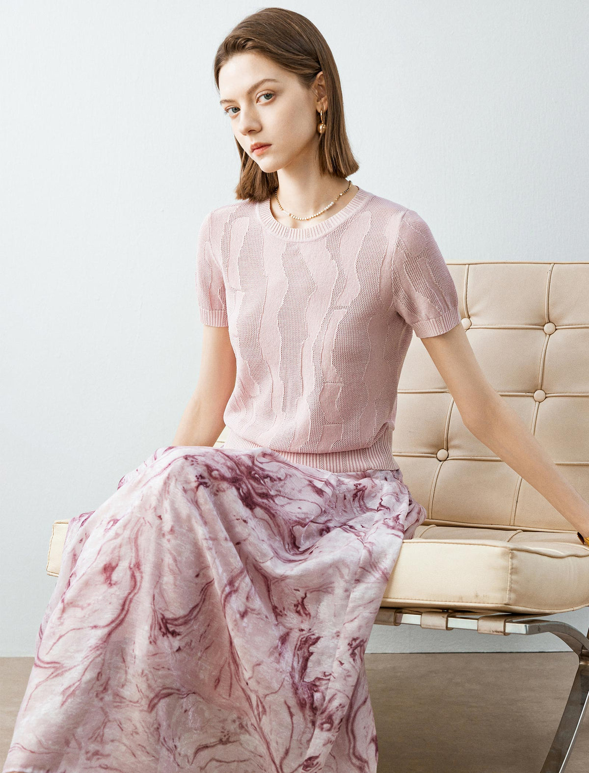 Pink Textured Short Sleeve Knit Top