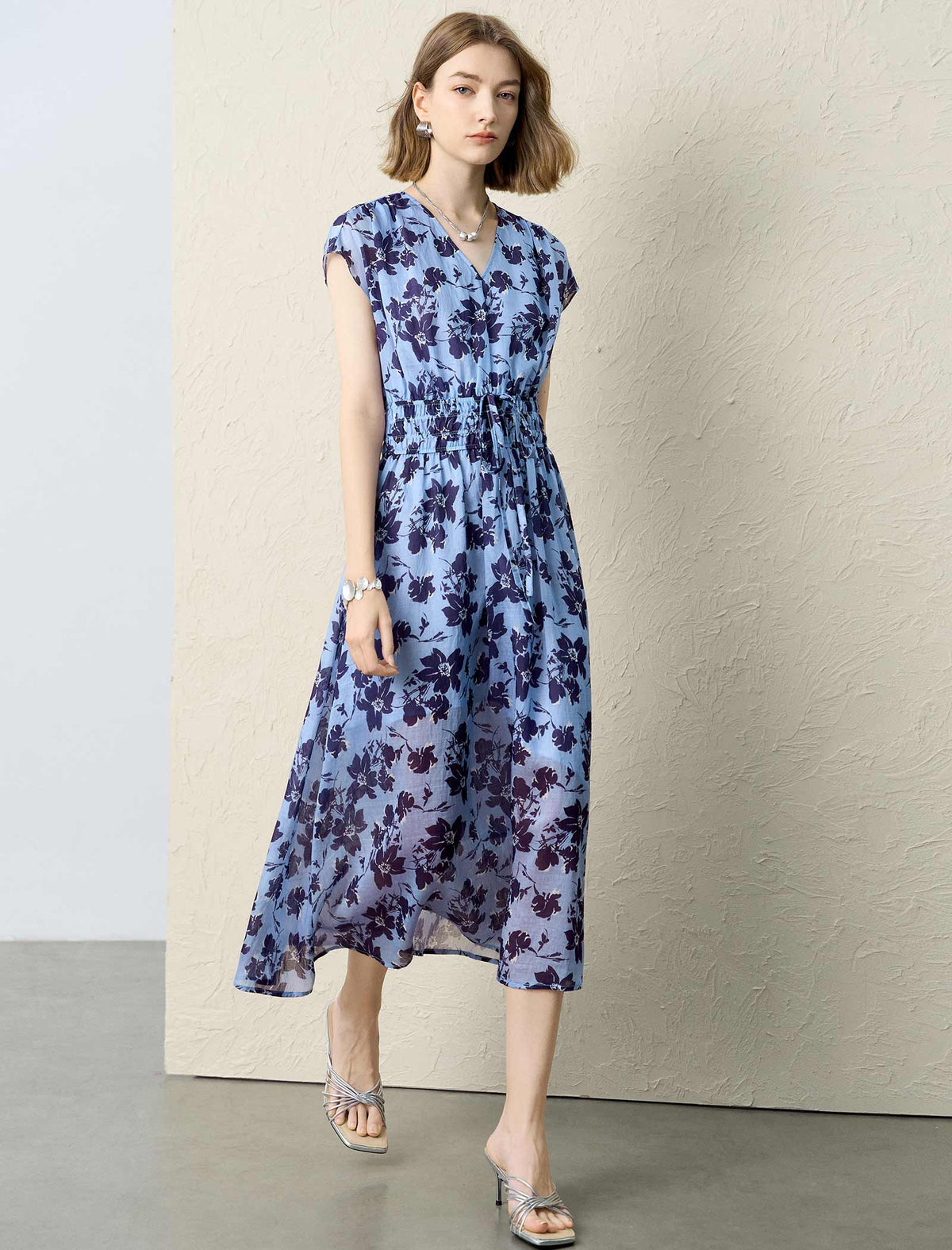 Blue Floral Print V-Neck Midi Dress