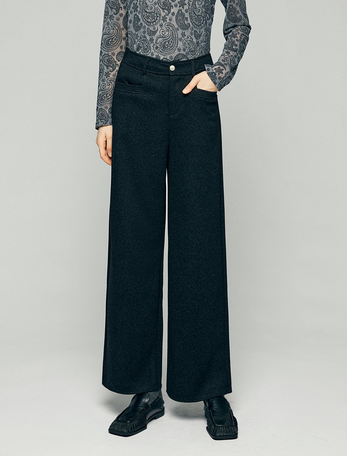 Wool Blend High-Waist Button-Detail Wide-Leg Pants