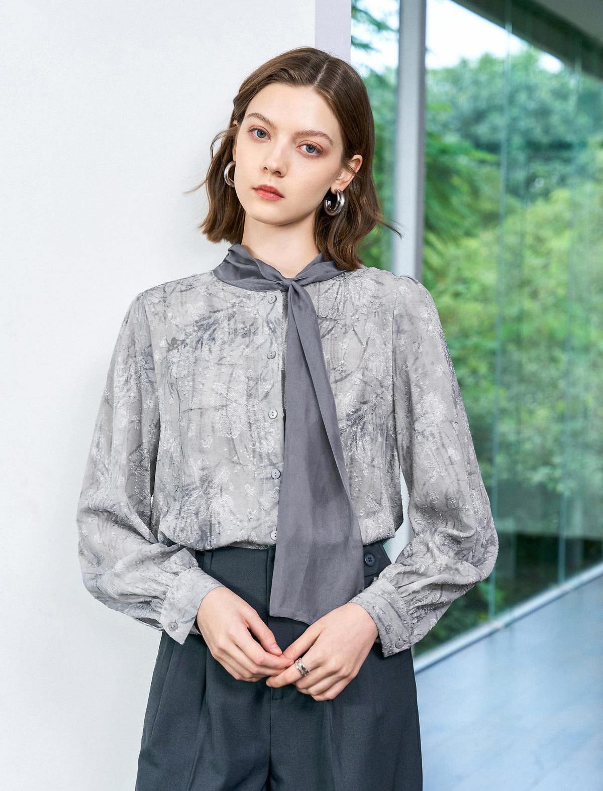 Floral Jacquard Scarf Detail Puff Sleeve Blouse