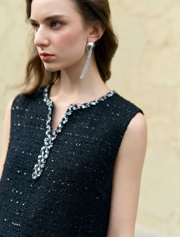 Embellished Neckline Sleeveless Tweed Mini Shift Dress
