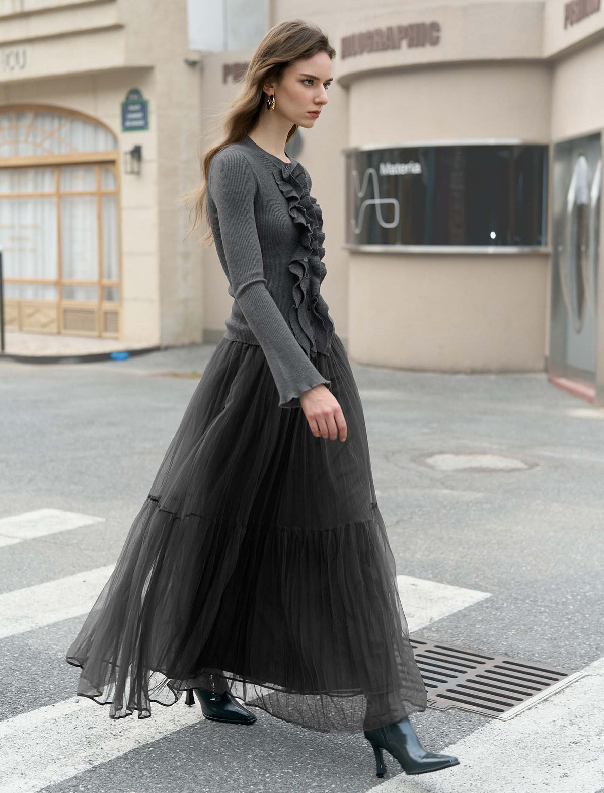 Charcoal Tiered Tulle Maxi Skirt