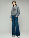 Embroidered Floral Crewneck Drop-Shoulder Drawstring Sweatshirt