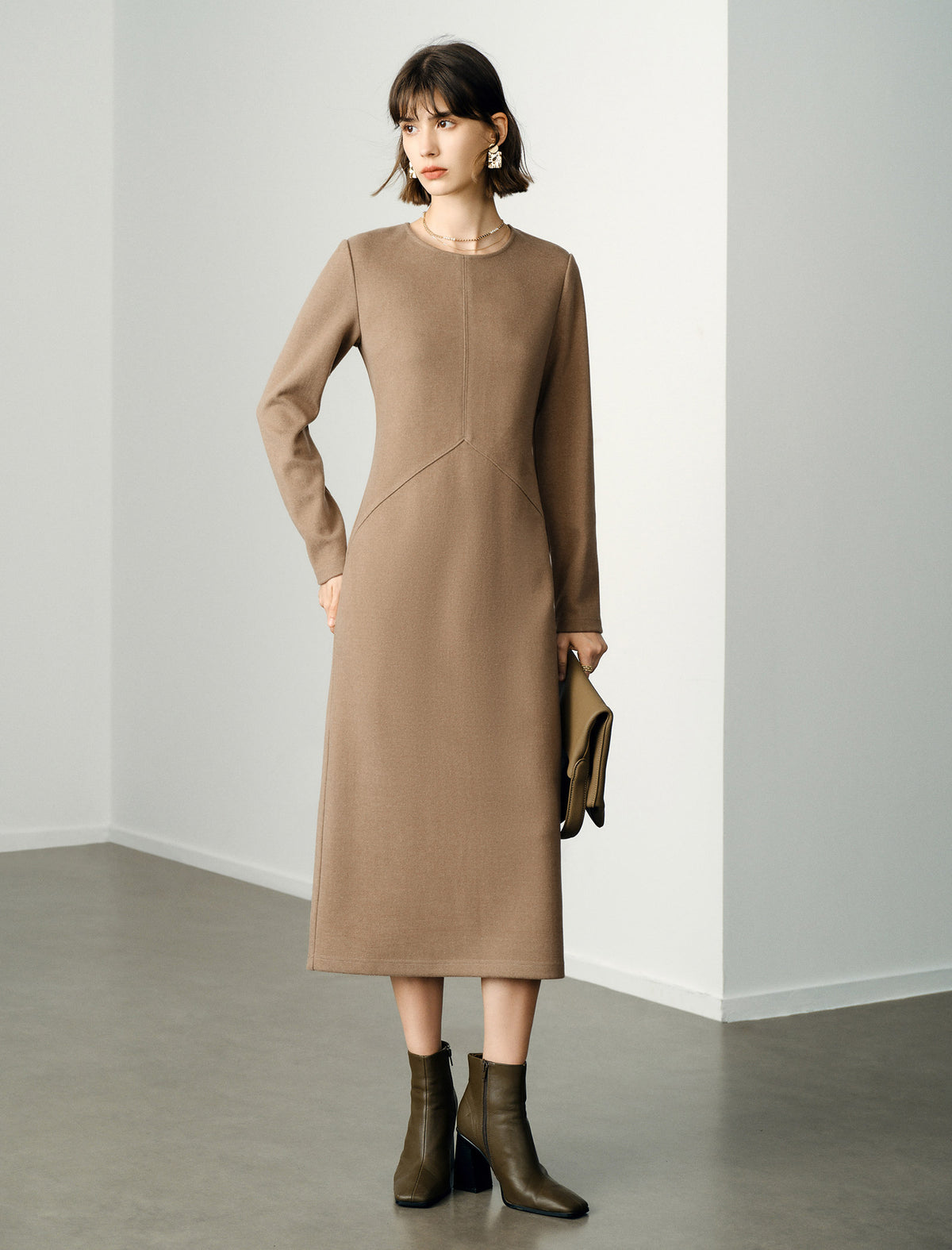 Wool Blend Camel Structured Seamed Midi Dress