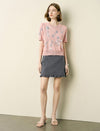 Pink Flora-Embroidered Short-Sleeve Knit Blouse