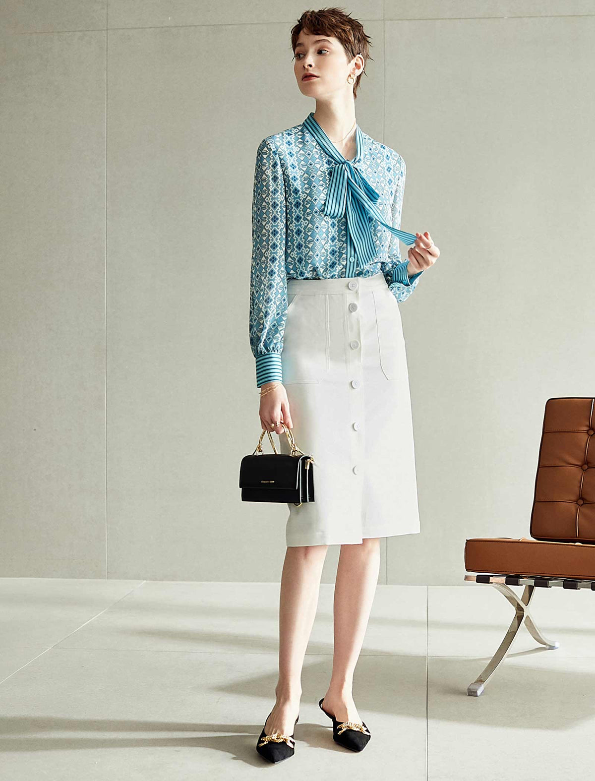 White Button-Front Midi Pencil Skirt